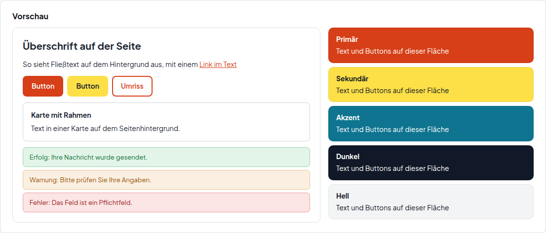 Vorschau der Farben mit Überschrift, Link, Buttons, Karte, Hinweisen und farbigen Flächen