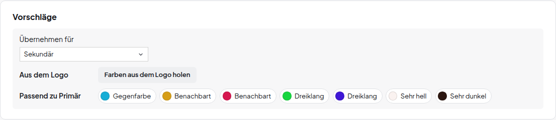 Abschnitt Vorschläge mit Übernehmen für Sekundär, Farben aus dem Logo holen und Vorschlägen passend zu Primär