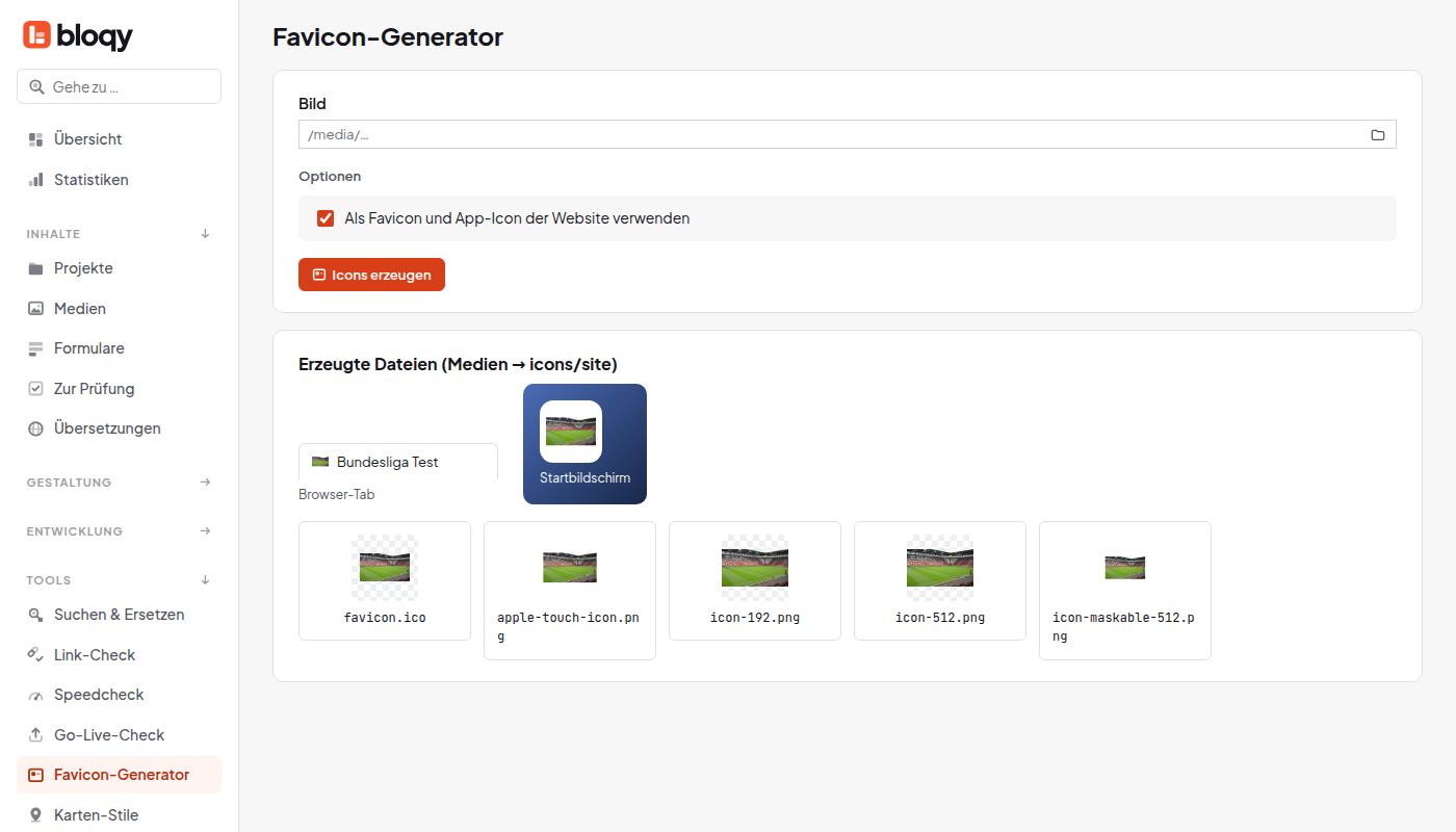 Favicon-Generator mit Bildauswahl und Button Icons erzeugen