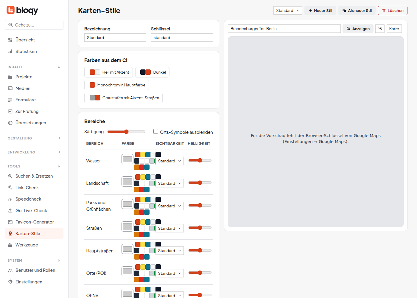 Karten-Stile mit Bereichen, Farben aus dem CI und Vorschau