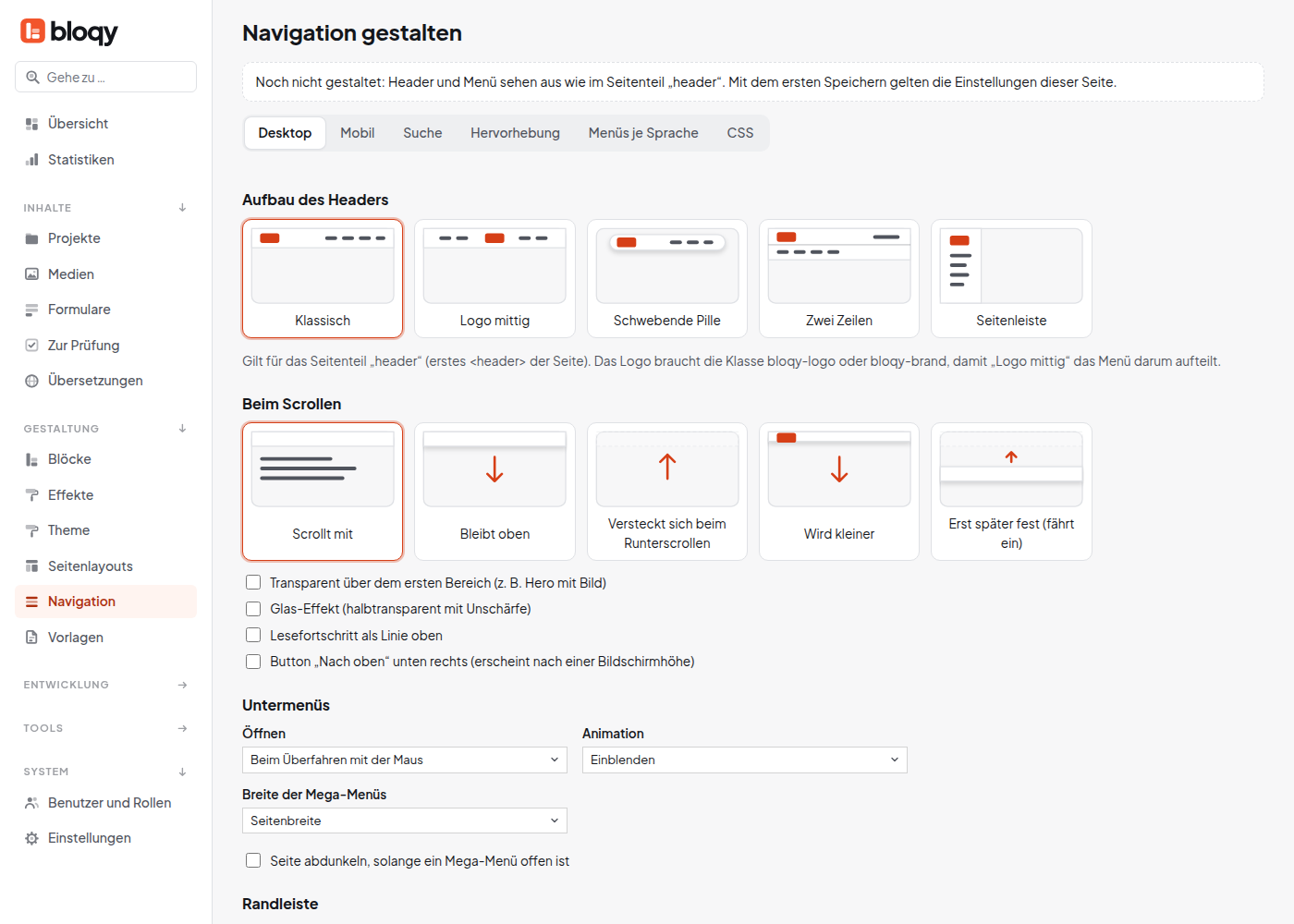 Navigation gestalten mit Auswahlkarten für den Aufbau des Headers