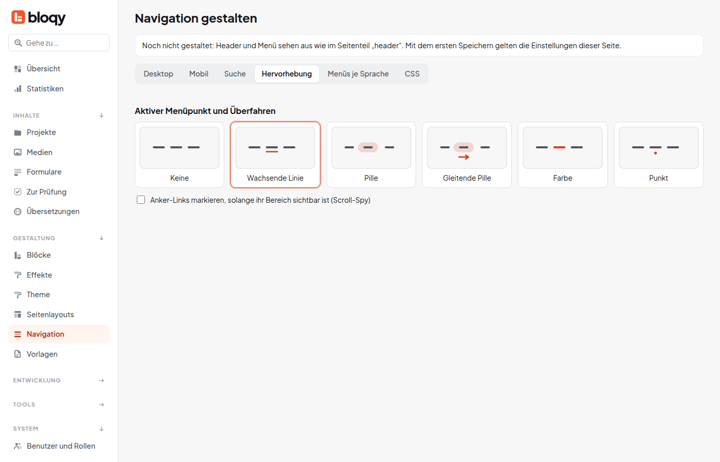 Navigation gestalten, Reiter Hervorhebung mit Auswahl für den aktiven Menüpunkt