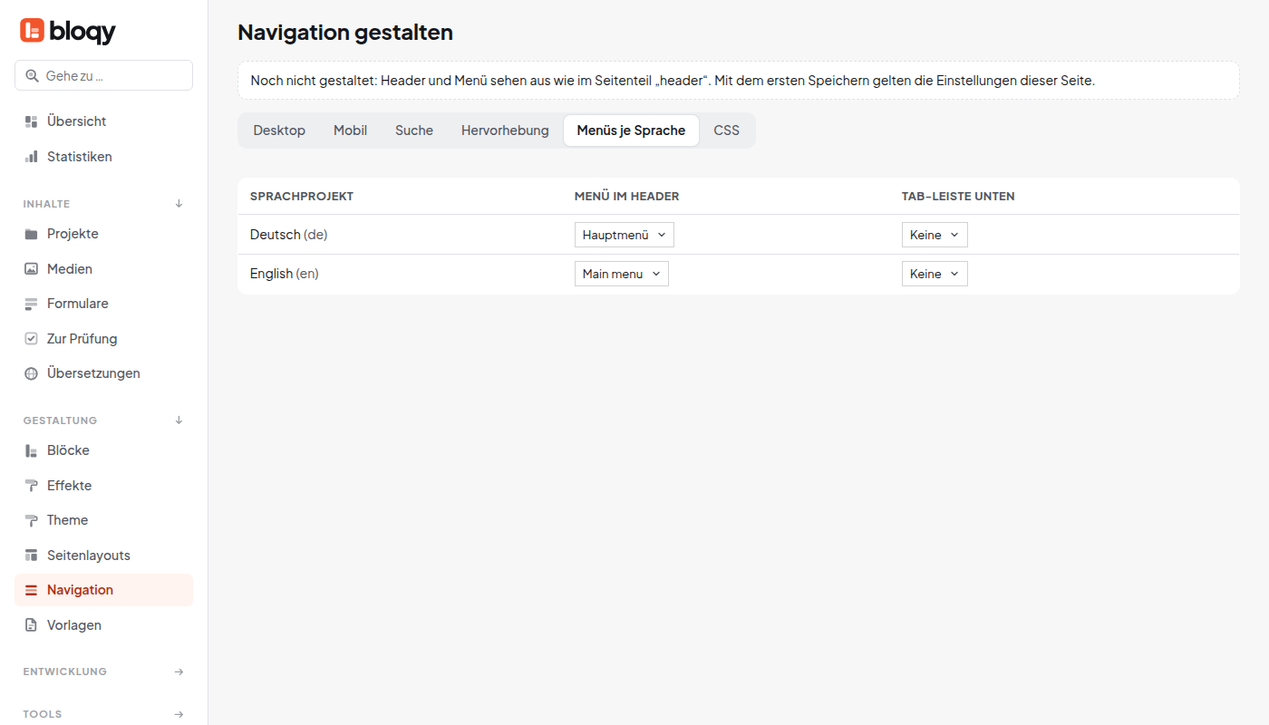 Navigation gestalten, Reiter Menüs je Sprache mit Deutsch Hauptmenü und English Main menu