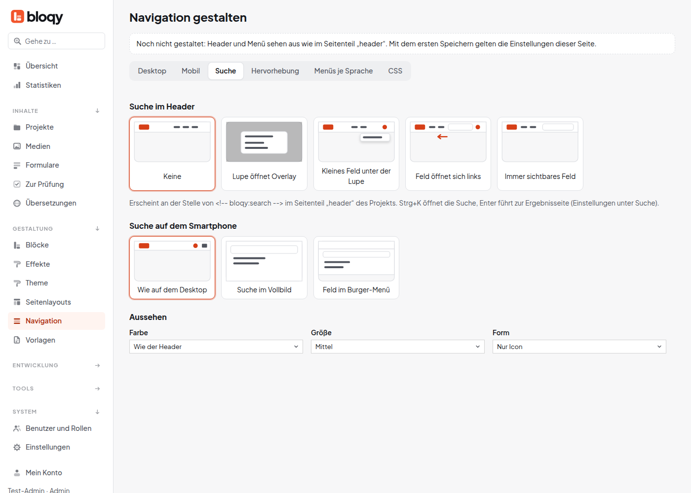 Navigation gestalten, Reiter Suche mit Einstellungen für Suche im Header, auf dem Smartphone und Aussehen