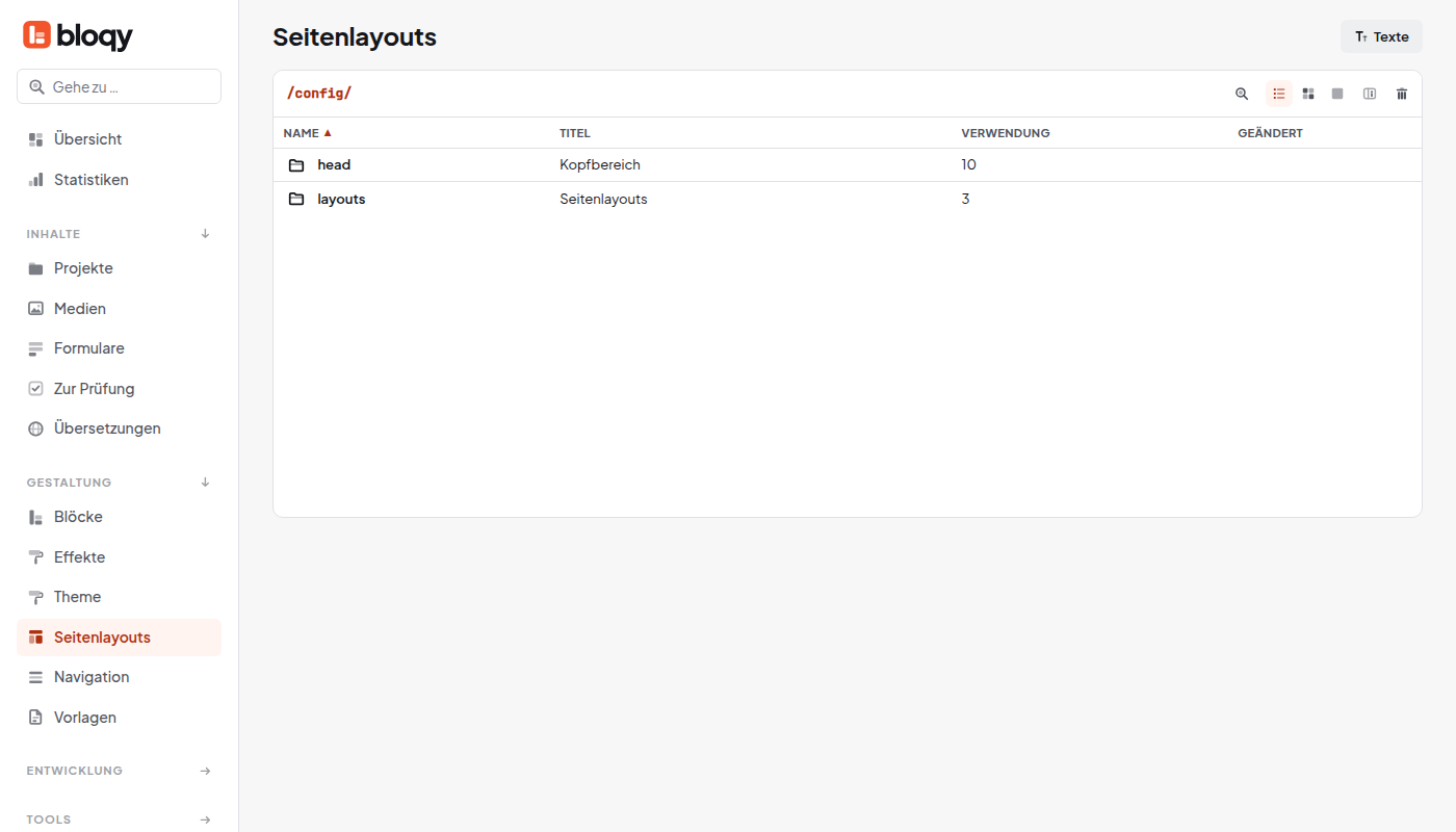 Gestaltung, Seitenlayouts als Liste mit Name, Titel und Verwendung