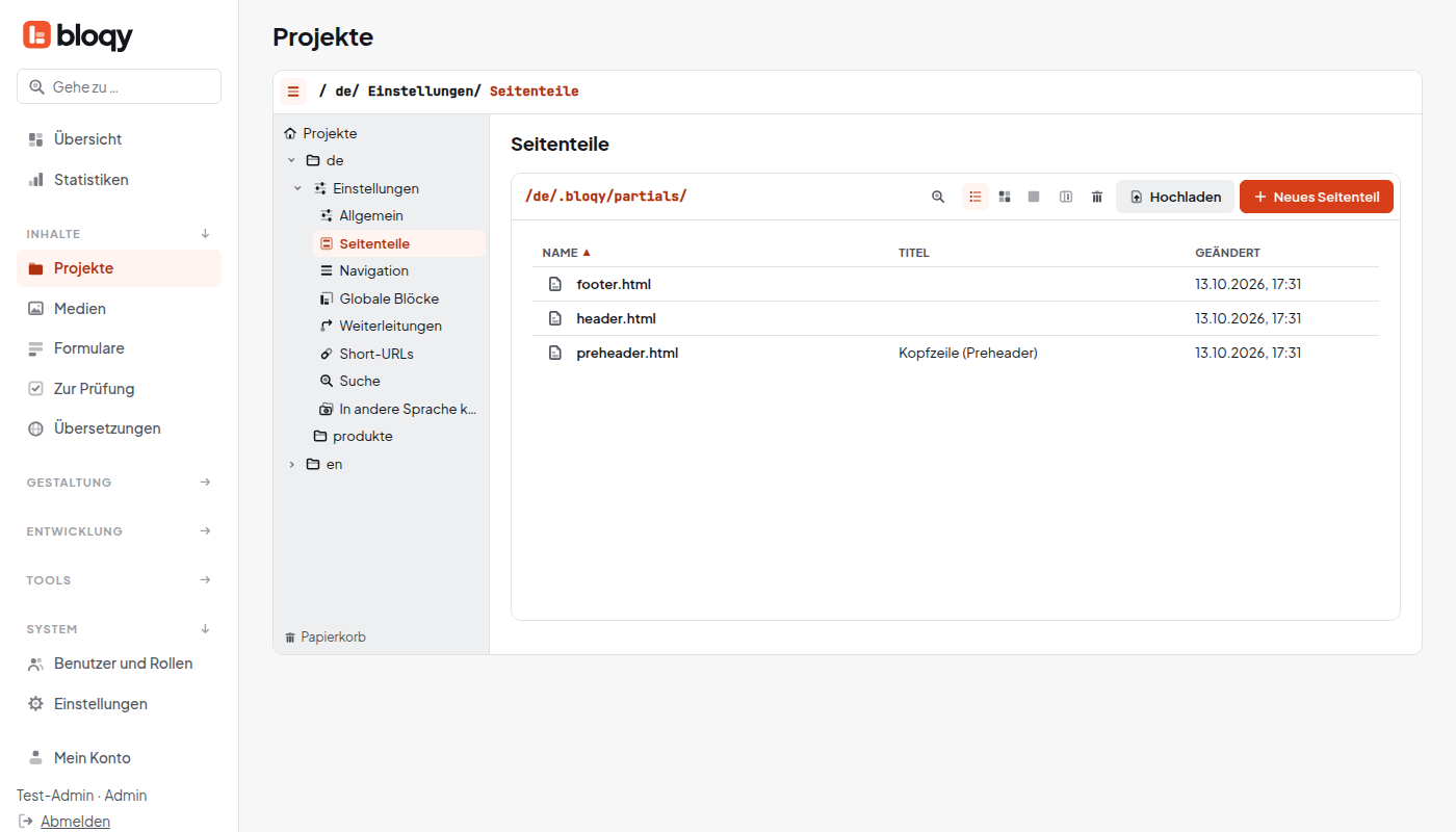 Seitenteile eines Projekts mit Header, Footer und Kopfzeile