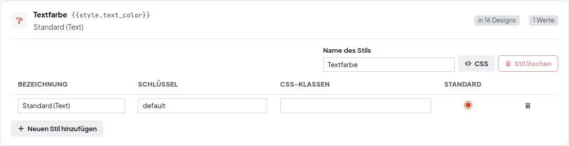 Aufgeklappter Stil Textfarbe mit Standard (Text), Schwarz, Weiß, Primär und Sekundär