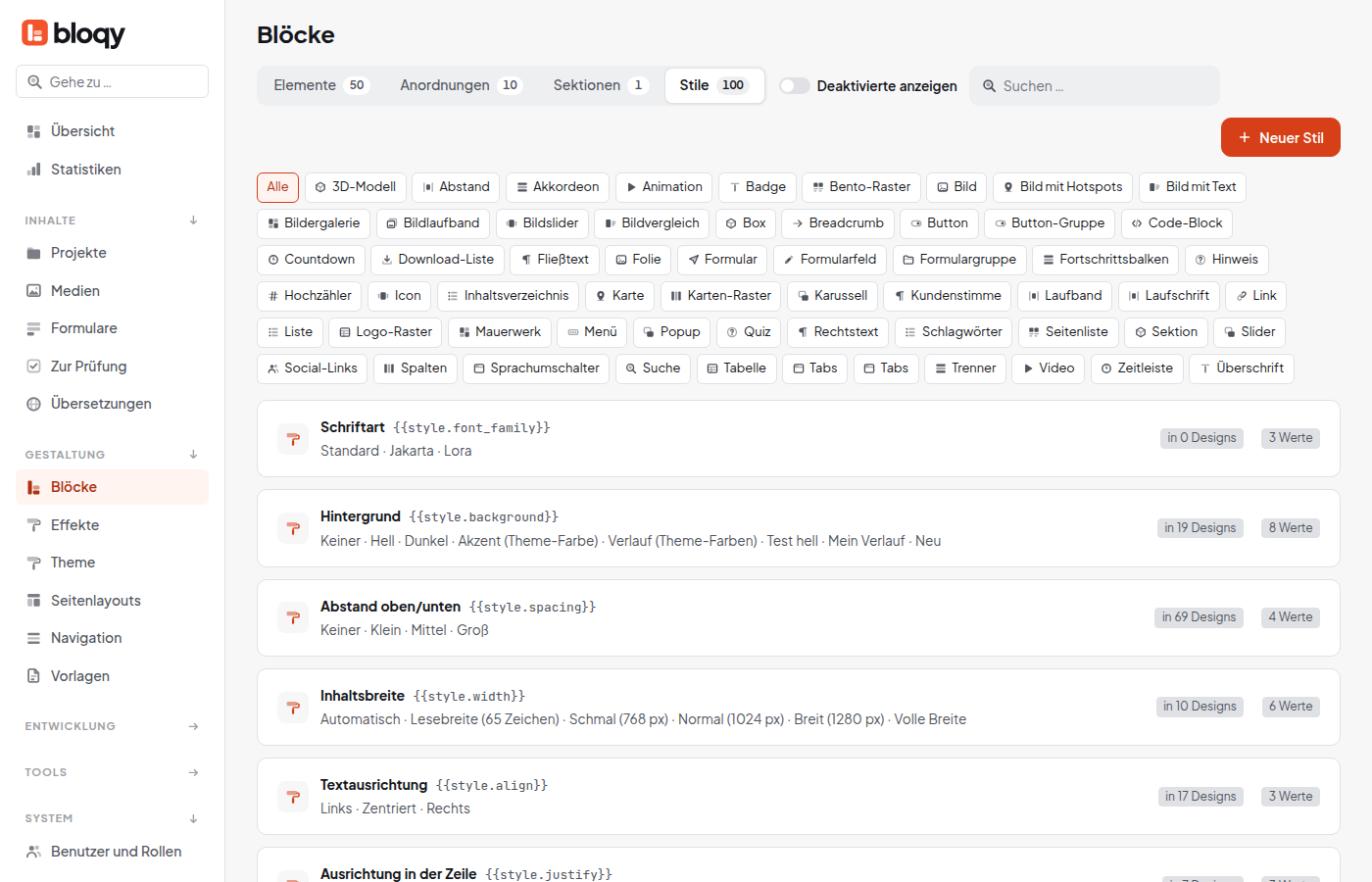 Liste der Stile unter Gestaltung, Blöcke, Stile