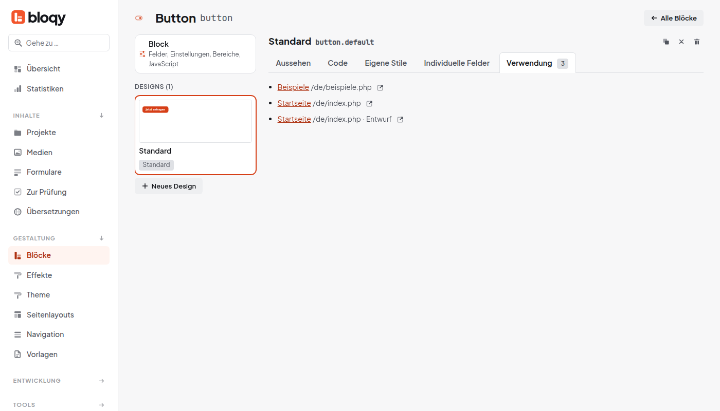 Block-Studio, Reiter Verwendung mit drei Seiten, die das Button-Design verwenden