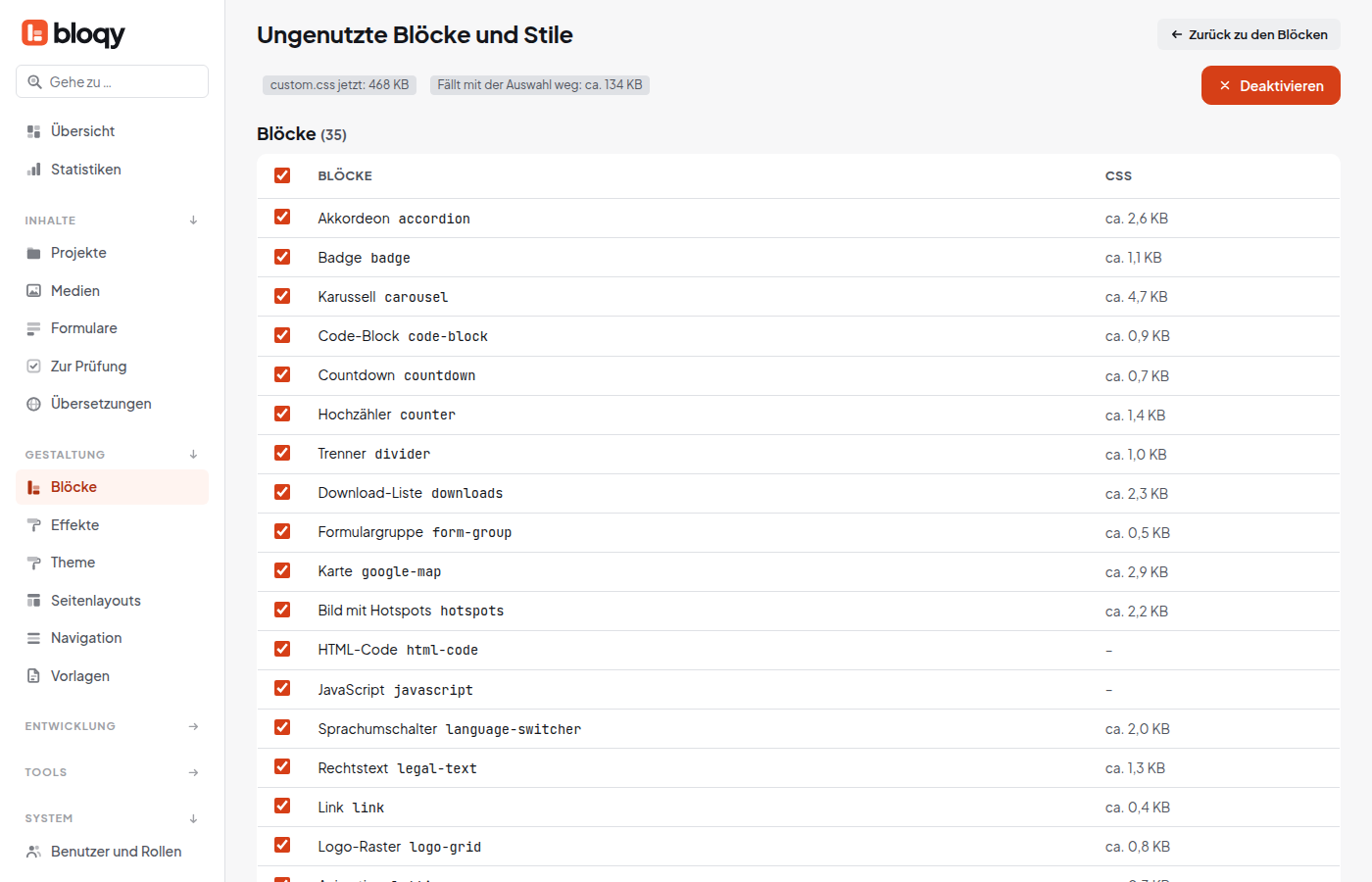 Liste ungenutzter Blöcke, Designs und Stile mit Häkchen