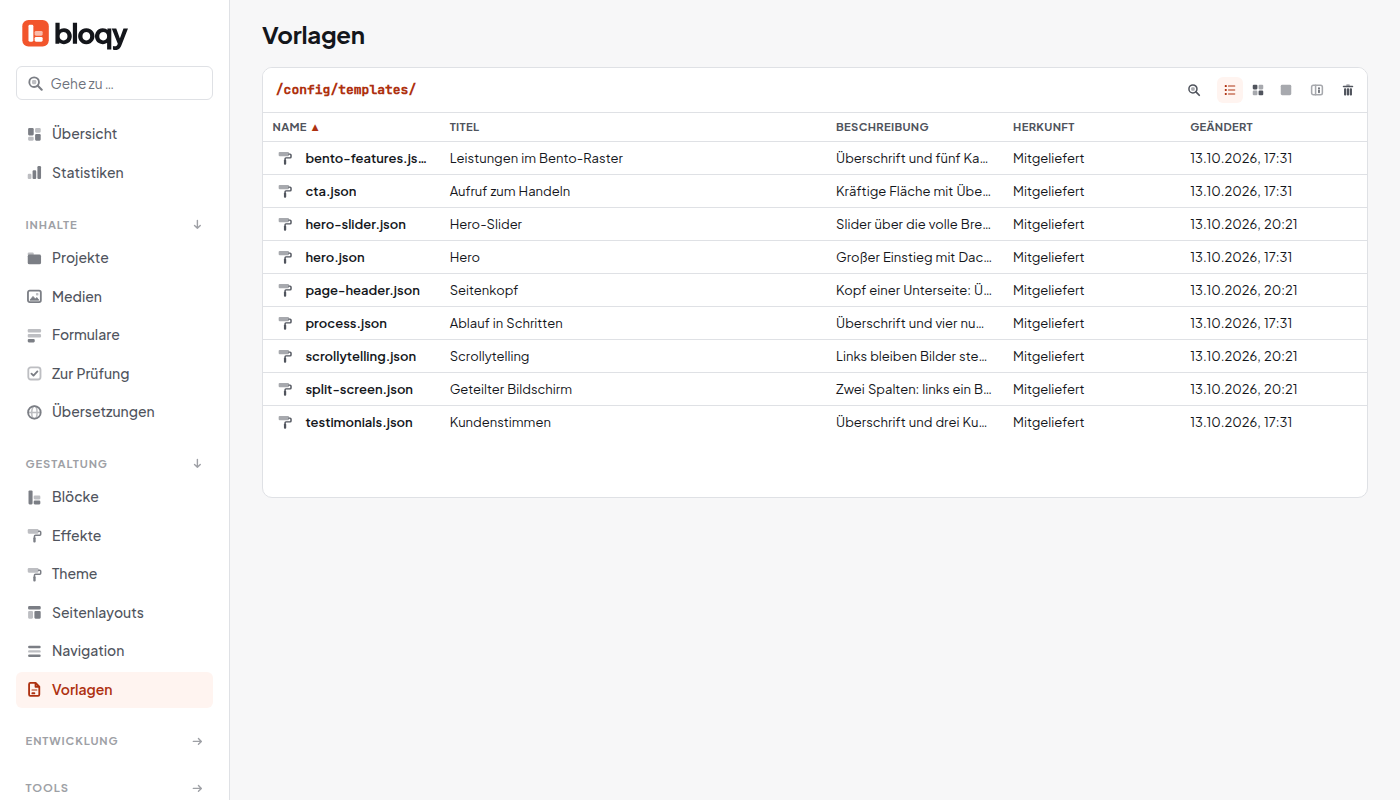 Gestaltung, Vorlagen als Liste mit Name, Titel, Beschreibung, Herkunft und Geändert