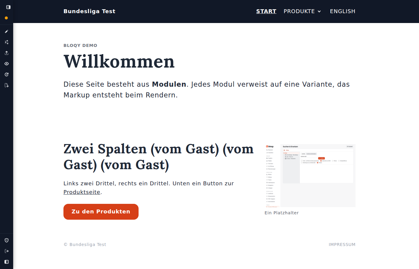 Website mit schmaler dunkler Admin-Leiste am linken Rand: Symbole für Seitenleiste, Status-Punkt, Bearbeiten, Eigenschaften, Veröffentlichen, Entwurf ansehen, Cache, Neue Seite; unten Admin-Bereich, Abmelden, Ausblenden