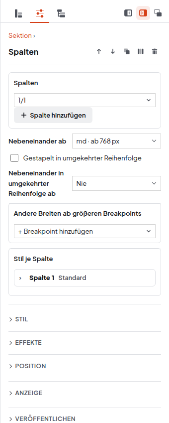 Einstellungen einer Anordnung Spalten: Spaltenaufteilung, Spalte hinzufügen, Nebeneinander ab, Stil je Spalte
