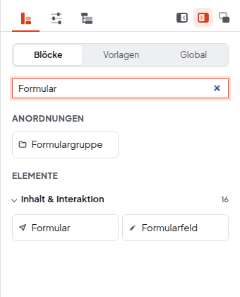 Baukasten mit Suche Formular: Formulargruppe, Formular, Formularfeld