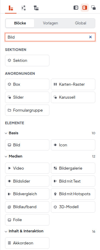 Baukasten mit Medien-Blöcken wie Video