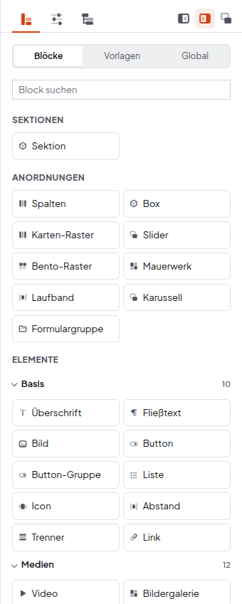 Baukasten mit Blöcken nach Gruppen in der Seitenleiste