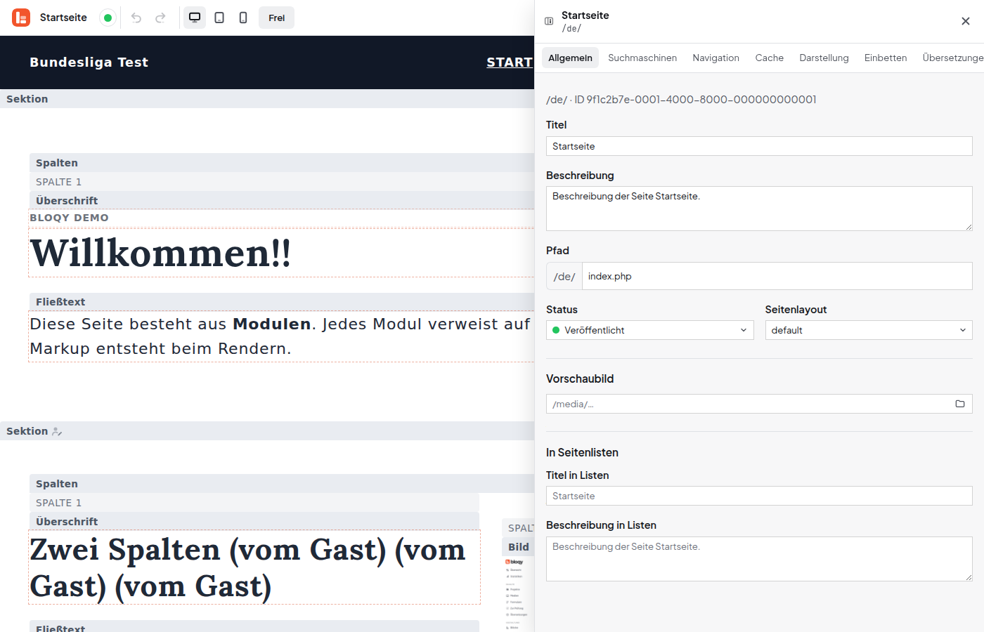 Editor mit Eigenschaften-Leiste rechts