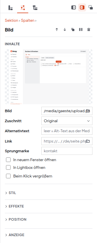 Einstellungen eines Bildes mit Vorschau, Feld Bild mit Ordner-Symbol, Zuschnitt, Alternativtext und Link