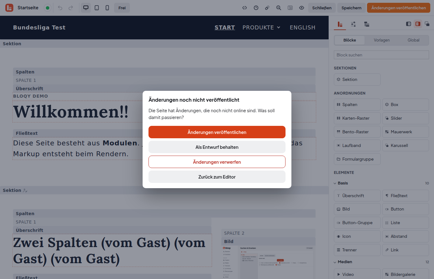 Fenster Änderungen noch nicht veröffentlicht mit den Buttons Änderungen veröffentlichen, Als Entwurf behalten, Änderungen verwerfen, Zurück zum Editor
