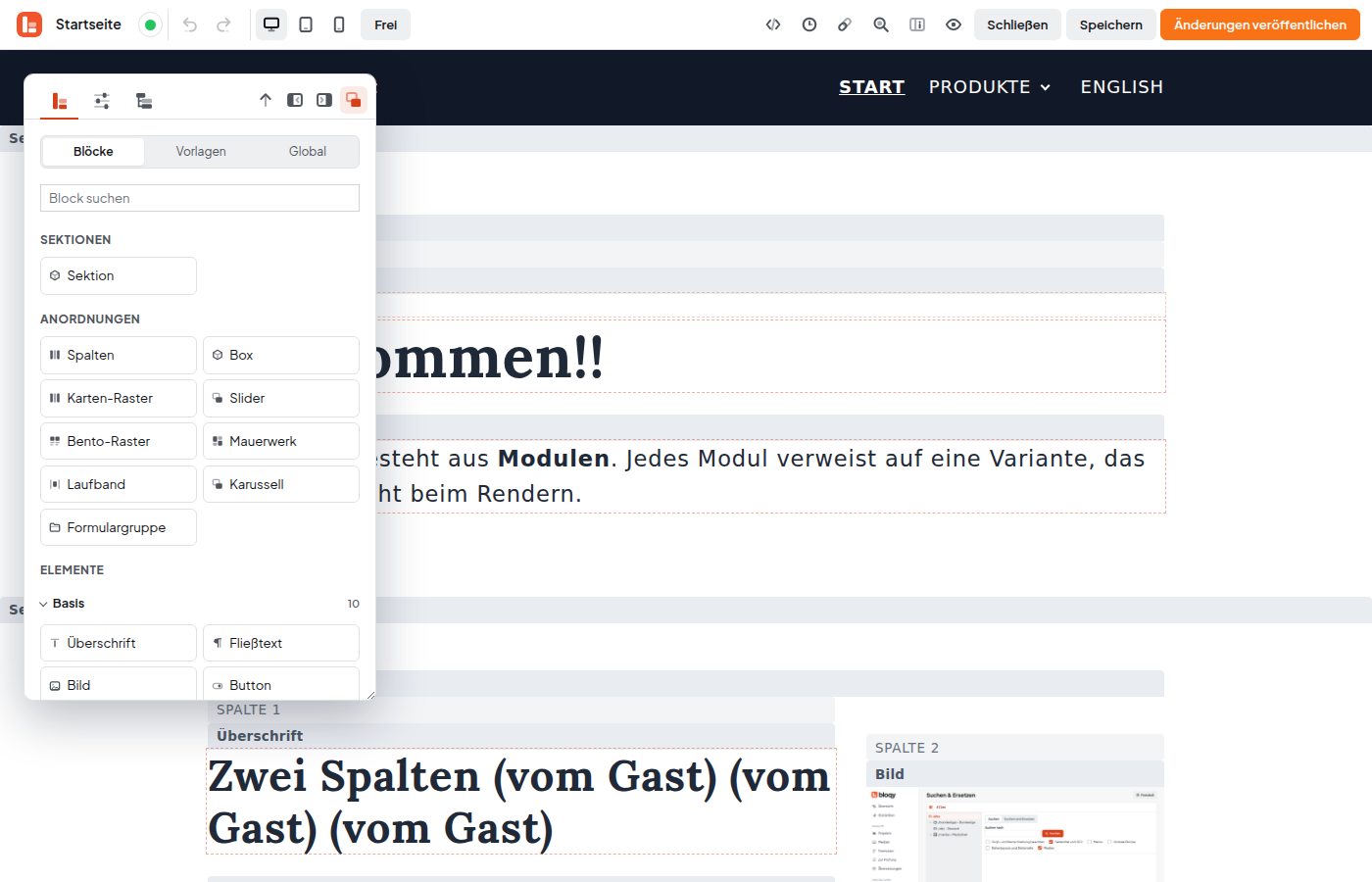 Seitenleiste als schwebendes Fenster links oben über der Seite, im Kopf zusätzlich ein Pfeil nach oben zum Einklappen; das Symbol Lösen ist hellrot