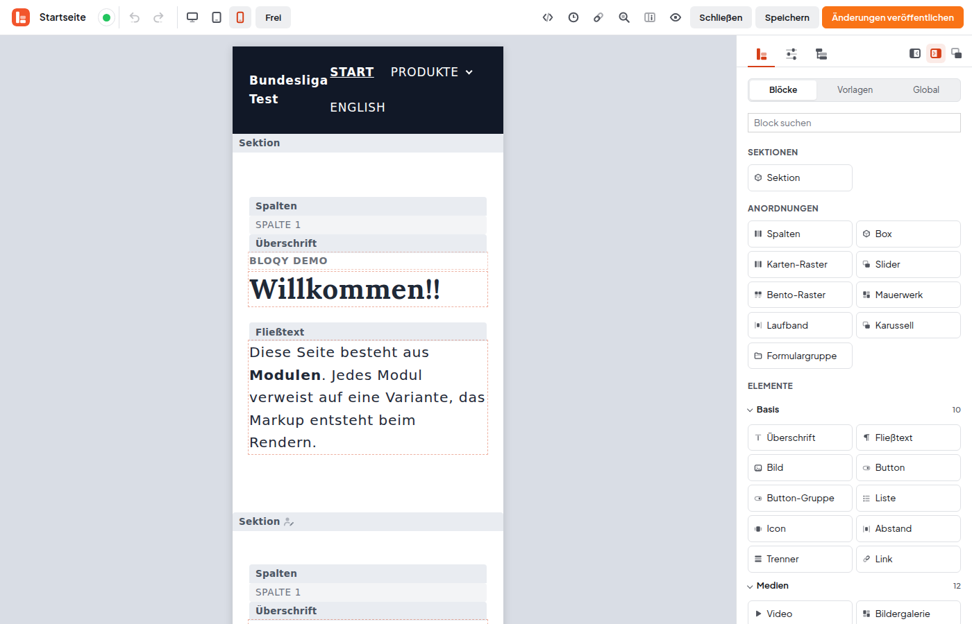 Editor in der Ansicht Smartphone: Seite schmal in der Mitte, Symbol Smartphone hellrot