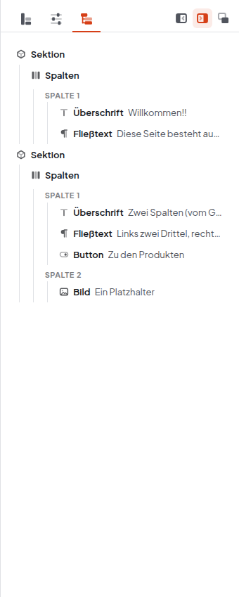 Reiter Struktur: Baum mit Sektion, Spalten, Spalte 1 und darin Überschrift, Fließtext, Button sowie Spalte 2 mit Bild