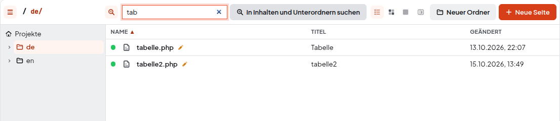 Suchfeld mit tab, daneben Button In Inhalten und Unterordnern suchen, darunter zwei Treffer