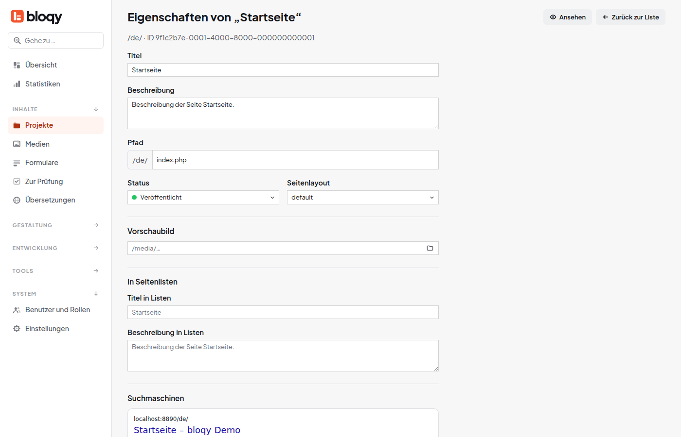 Eigenschaften einer Seite mit Titel, Status und Suchmaschinen-Vorschau