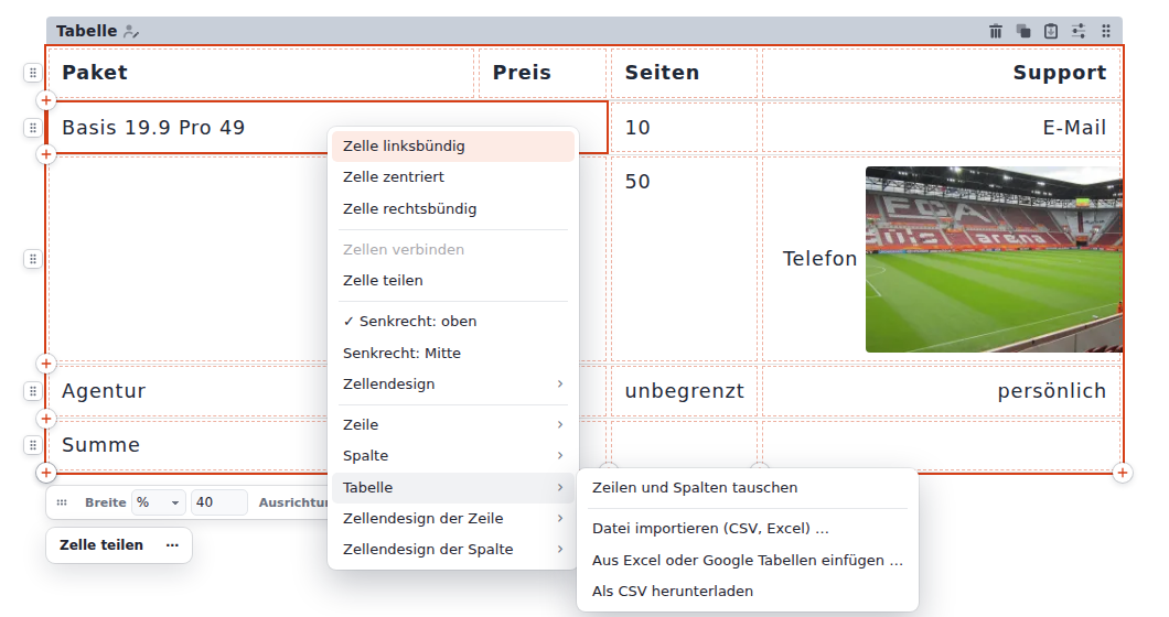 Rechtsklick-Menü, Untermenü Tabelle mit Zeilen und Spalten tauschen, Datei importieren, Aus Excel oder Google Tabellen einfügen, Als CSV herunterladen