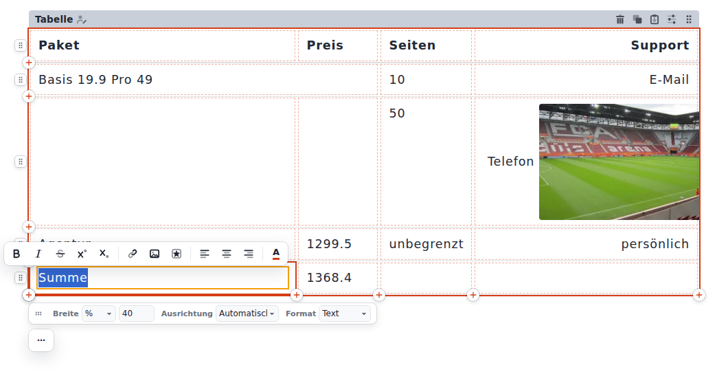 Tabelle mit aktiver Zelle Summe, darüber die kleine Formatleiste mit Ausrichtung, darunter die Spaltenzeile mit Breite, Ausrichtung, Format und darunter der Button mit drei Punkten