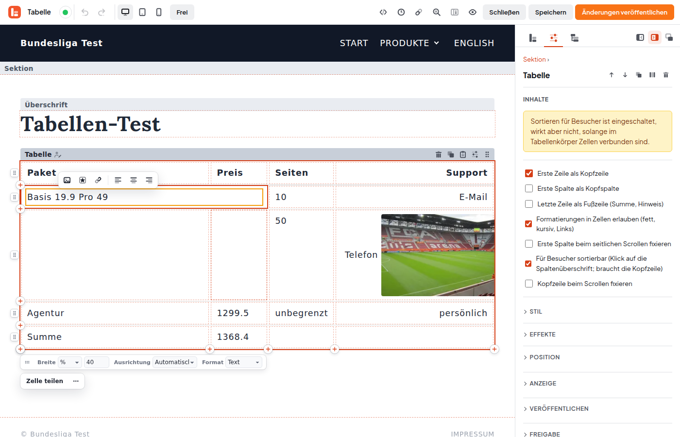Tabelle im Editor mit Plus-Griffen und Leiste unter der Tabelle