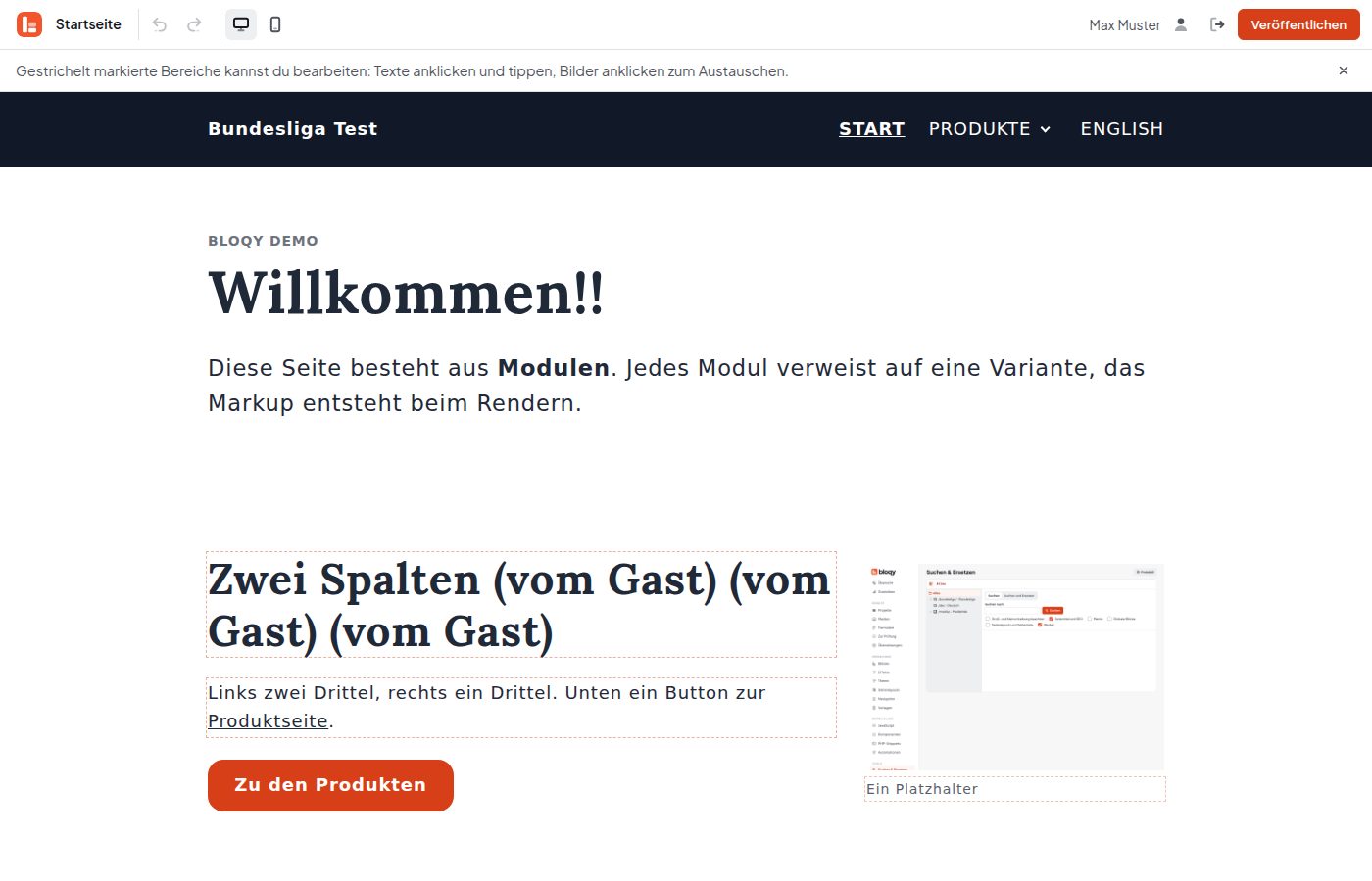 Vereinfachter Editor: schmale Leiste mit Titel, Rückgängig, Desktop, Smartphone, Name, Abmelden und Veröffentlichen; darunter Hinweis zu gestrichelten Bereichen und die Seite