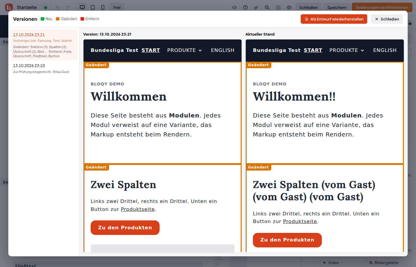 Fenster Versionen mit Liste und Vergleich zweier Stände