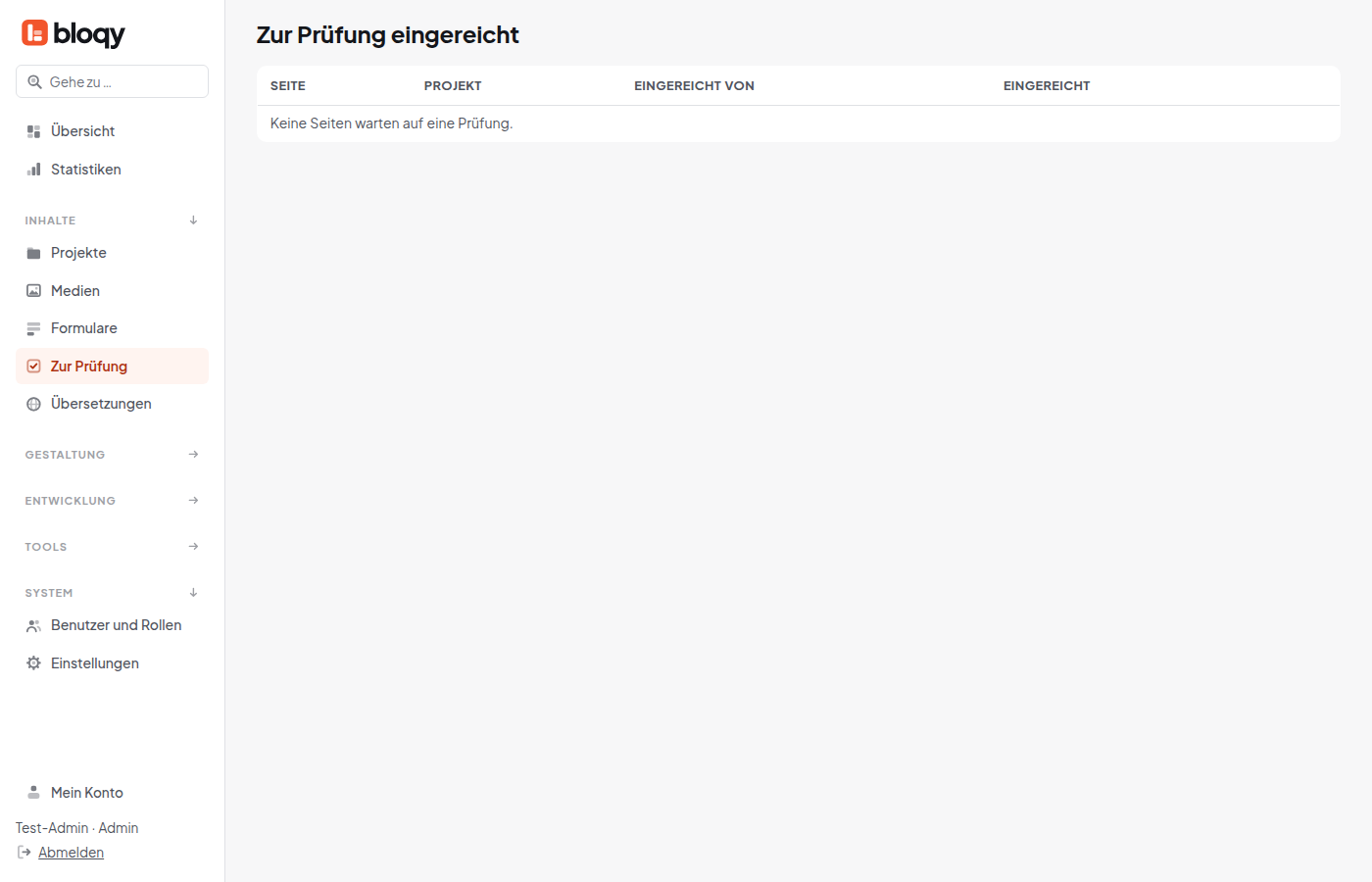 Liste Zur Prüfung eingereicht mit Seite, Projekt, Eingereicht von, Eingereicht